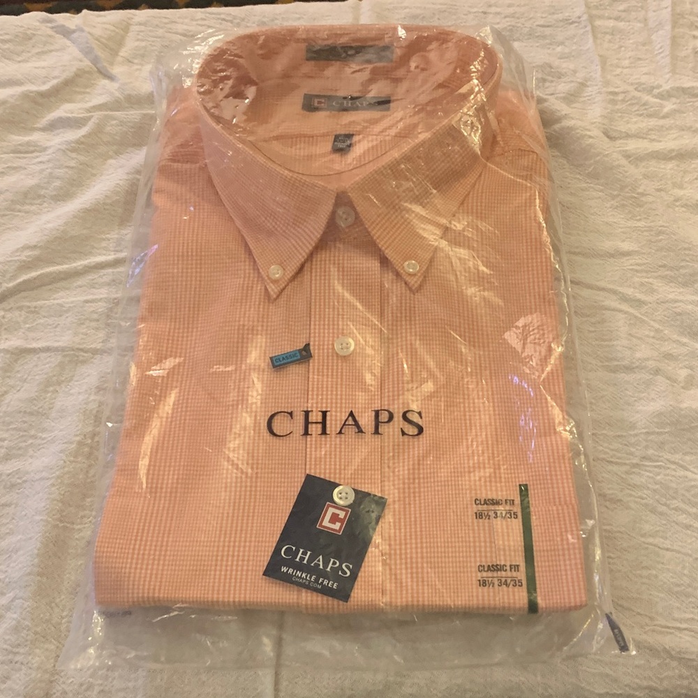 Chaps Men’s Salmon color checked Dress Shirt NEW Size 18 1/2 (34-35)Wrinkle Free